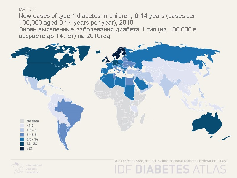 map  2.4 New cases of type 1 diabetes in children, 0-14 years (cases